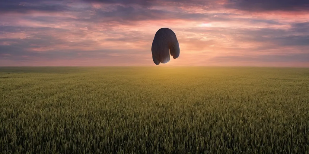 Image similar to a giant floating human ear above a field at dawn