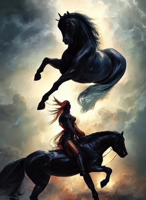 Image similar to the first horseman of the apocalypse riding a strong big black stallion, horse is running, the rider is carrying the scales of justice, beautiful artwork by artgerm and rutkowski, breathtaking, beautifully lit, dramatic, full view