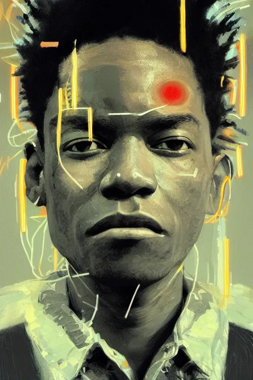 Image similar to portrait of jean basquiat, staring directly into camera, intricate, elegant, glowing lights, highly detailed, digital painting, artstation, sharp focus, illustration, art by wlop, mars ravelo and greg rutkowski