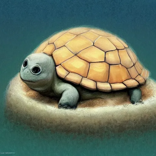 Image similar to soulful long shot of a very cute furry turtle baby nesting in a shell, by esao andrews, by james jean, by m. w. kaluta, very humorous illustration, big depth of field, perspective perception, volumetric light, warm cosy colors, night scenery, low light, unreal engine 5, 8 k, conceptart, hyperdetailed, hyperrealistic, trending on artstation