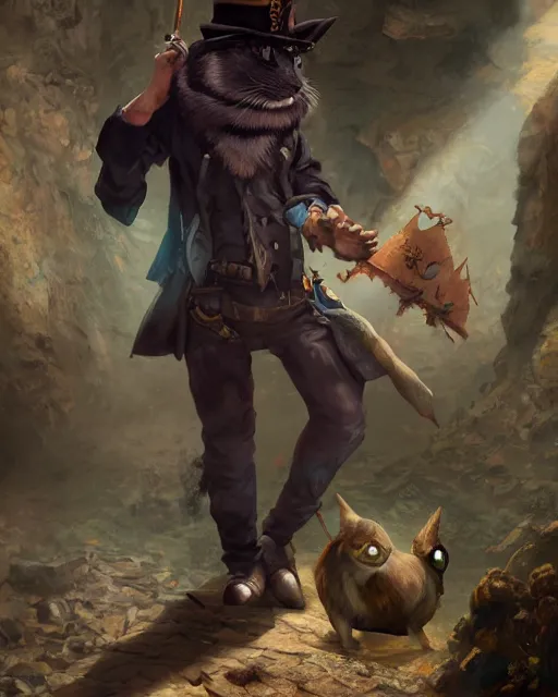 Image similar to oil painting of anthropomorphized tricolor cat, detective clothes, close shot, full body, dark steampunk mine shaft background, sharp focus, fantasy style, octane render, volumetric lighting, 8k high definition, by greg rutkowski, highly detailed, trending on art Station, dungeons and dragons artwork, centered