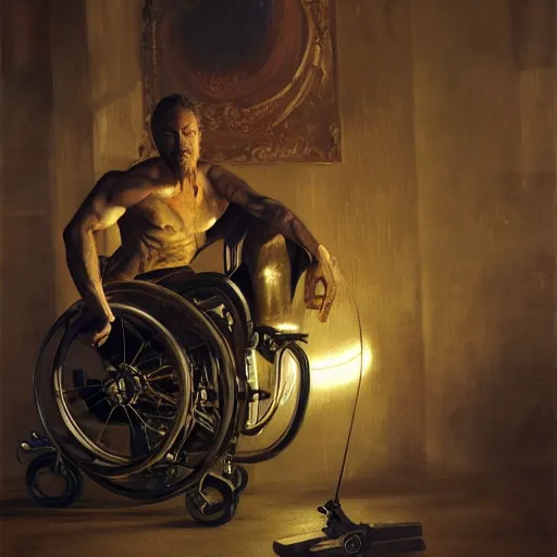 Image similar to handsome portrait of a wheelchair guy fitness posing, radiant light, caustics, war hero, one legged amputee, by gaston bussiere, bayard wu, greg rutkowski, giger, maxim verehin