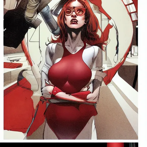 Image similar to a beautiful comic book illustration of a red-headed woman with white shirt in a laboratory by Jerome Opeña, featured on artstation