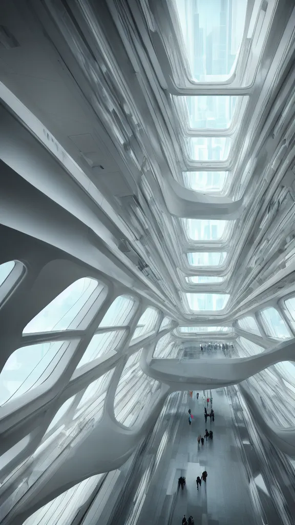 Image similar to the inside of a very tall building, big pods, big windows, octane render, warm colour scheme, white, cyberpunk architecture by zaha hadid, cinematic, scenery, unreal engine, render, cgsociety, modernism, futuristic, artstation, sci - fi, high detail, high quality, close up angle, people walking