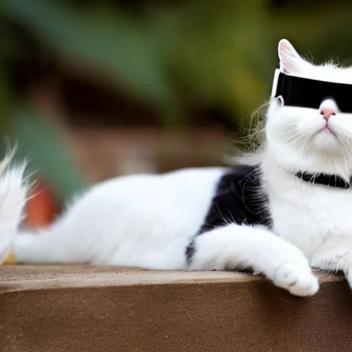 Prompt: stylish white cat wearing black goggles