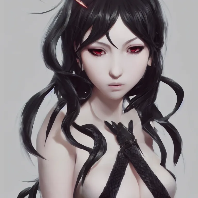 Prompt: a beautiful anime girl wtih black demon horns and snake tails,full body portrait,by ruan jia and Ilya Kuvshinov and Ciro Marchett,super clear detailed,hyper realistic,trending on artstation,4k