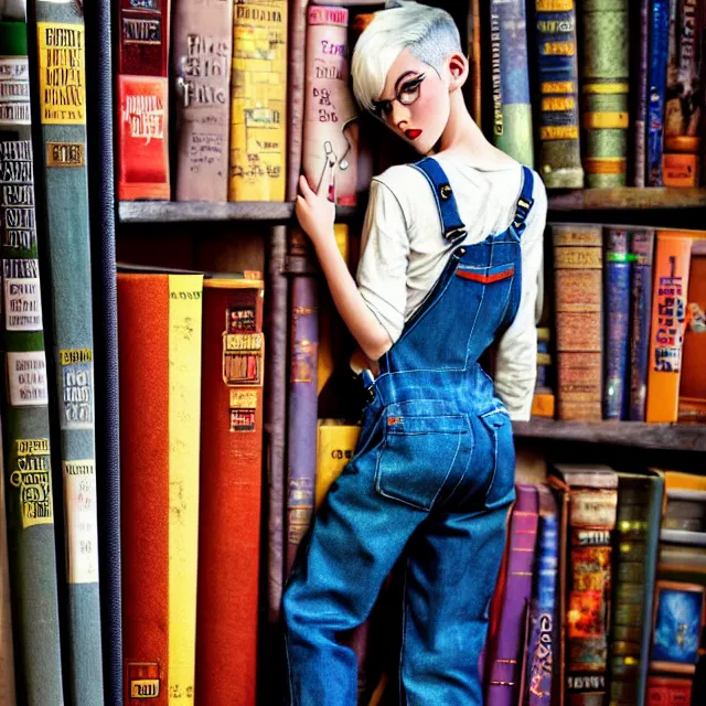 Image similar to full body pose, beautiful adult book fairy, pixar, short white hair shaved sides, dirty, grungy, grunge, long sleeve, painted overalls, stacks of giant books, highly detailed, 4 k, hdr, smooth, sharp focus, high resolution, award - winning photo, artgerm, photorealistic