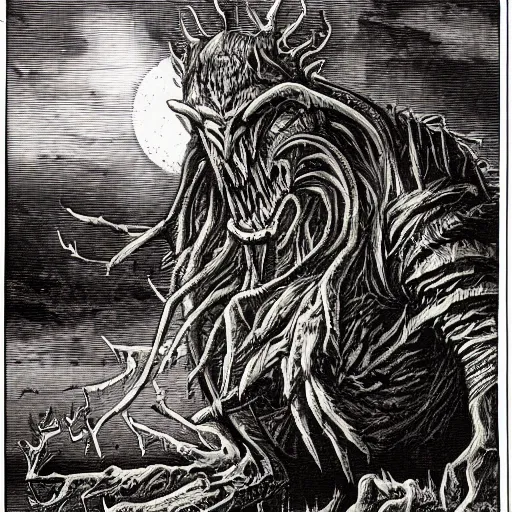 Prompt: nightmare creature | 19th century wood-engraving , whole page illustration , art in the style of greg rutkowski and thomas kinkade and Larry Elmore