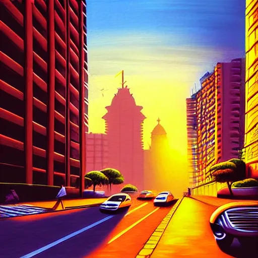 Image similar to mumbai in the future, city streets, golden hour, perspective artwork, photorealism