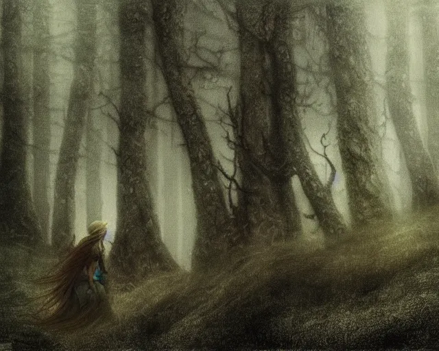 Prompt: scandinavian folklore with trolls and elves, misty forest in the style of john bauer, dramatic lighting, lithography