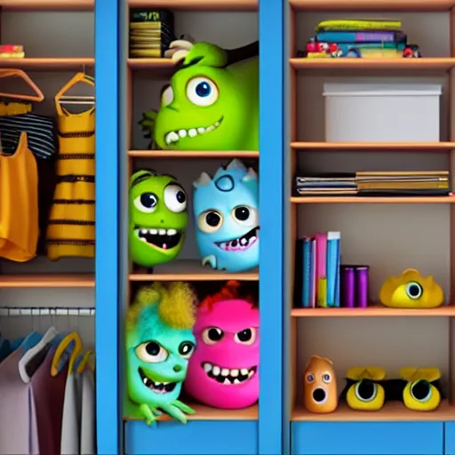 Image similar to monsters in my closet, pixar style, scary, frightening