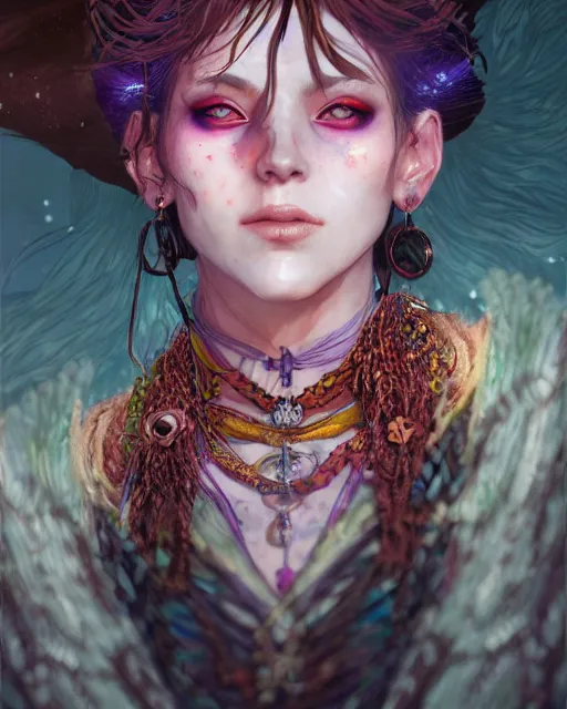 Image similar to portrait of a village witch, beautiful, fantasy, colorful, cinematic lighting, artstation, trending, highly detailed, focus, smooth, by hirohiko araki and yoshitaka amano