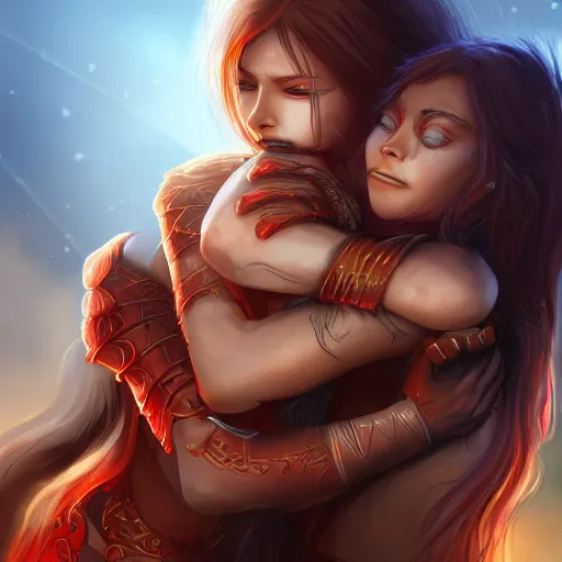 Image similar to flaming warrior queen giving someone a hug, wholesome and caring, happy, digital art, artstation, concept art, 4 k, 8 k