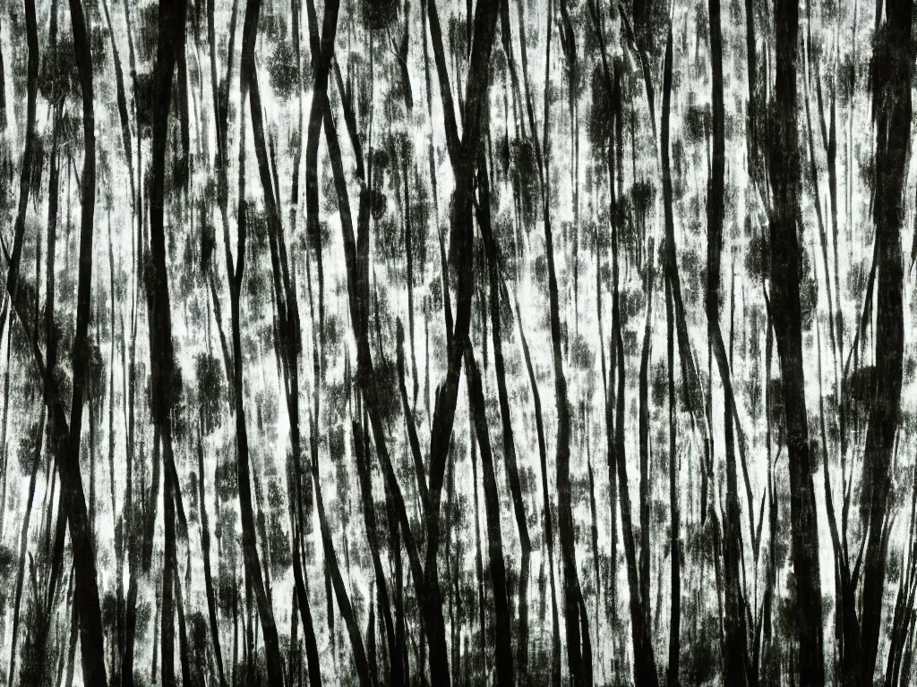 Image similar to double exposure photograph of tens of eucalyptus trees, strong back light, digital glitches, in the style of edward steichen and klee,