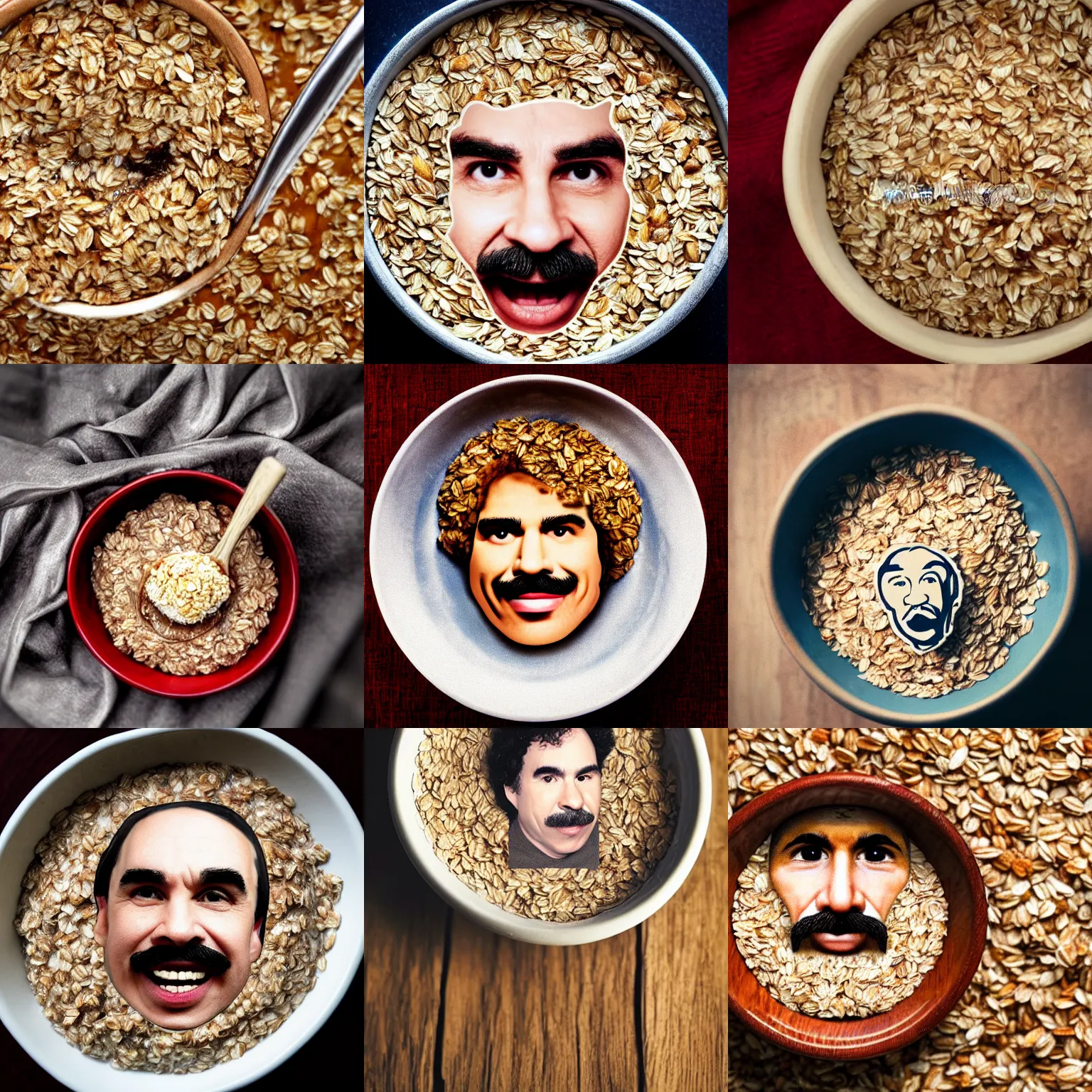 Prompt: a bowl of oats with the face of john oates in it, john oates face, macro shot, hyper realistic