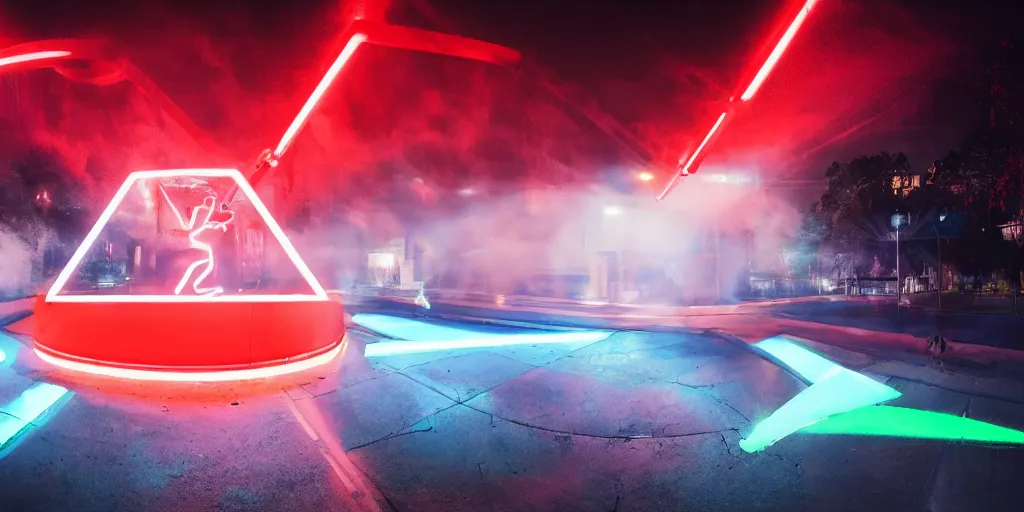 Image similar to slow motion with trail effect of futuristic break dancer made by liquid, long exposure shot , at night there is fog and a giant red neon triangle emitting energy, paddle of water, steam, water splashes, rim lights, glossy reflections, water droplets on lens, octane render, detailed and soft, 10mm fisheye