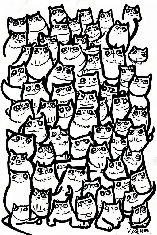 Image similar to cartoon sketch of a thousand angry cats, cute drawing