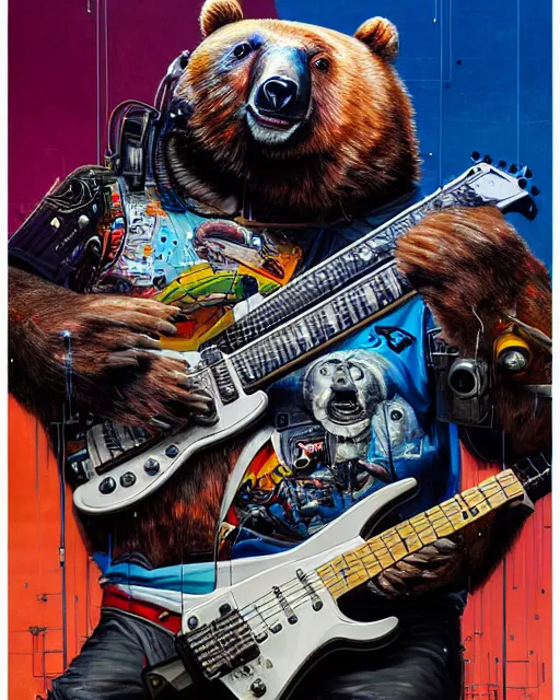 Image similar to a portrait of an anthropomorphic cyberpunk bear shredding an electric guitar by sandra chevrier, by jon foster, detailed render, tape deck, epic composition, cybernetics, 4 k realistic, cryengine, realistic shaded lighting, sharp focus, masterpiece, by enki bilal