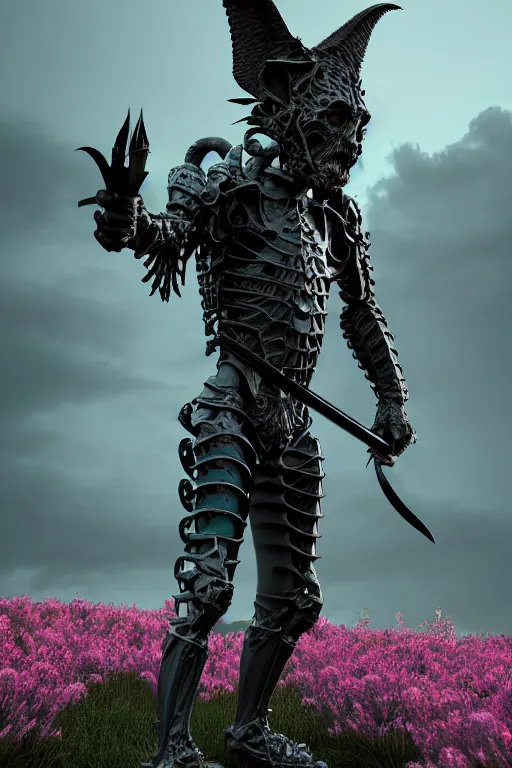 Prompt: hyperrealistic neo - gothic human gargoyle hybrid, exoskeleton armor, fighting with katana, field of pink flowers, highly detailed digital art masterpiece, vitaly bulgarov dramatic dark teal light, ground angle hd 8 k, sharp focus