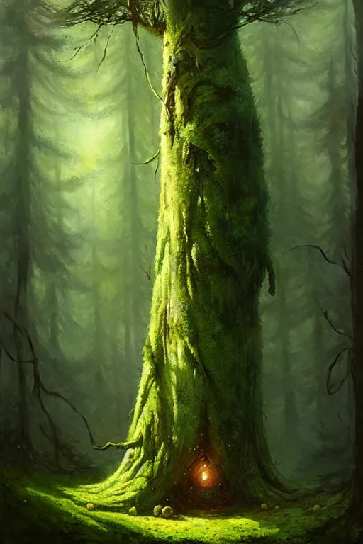 Prompt: great fat tree with a moss moustache in the woods by bayard wu, anna podedworna, gaston bussiere, greg rutkowski