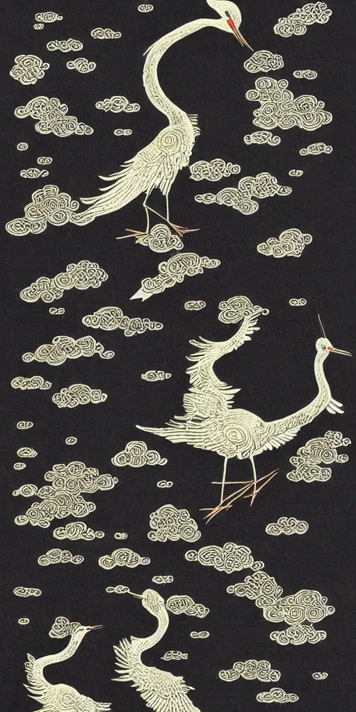 Prompt: black paper, an intricate old fashioned depiction of chinese crane, chinese auspicious cloud pattern surrounds it, symmetre, elaborate ink illustration by wu daozi, qiu ying