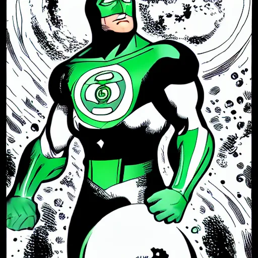 Prompt: comic Green Lantern in black and white uniform in space standing infront of the moon, HQ, comic style