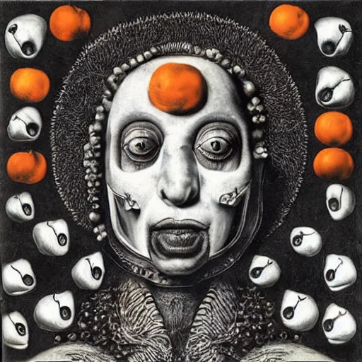 Image similar to album cover, new age, black, white, orange, psychedelic, giuseppe arcimboldo