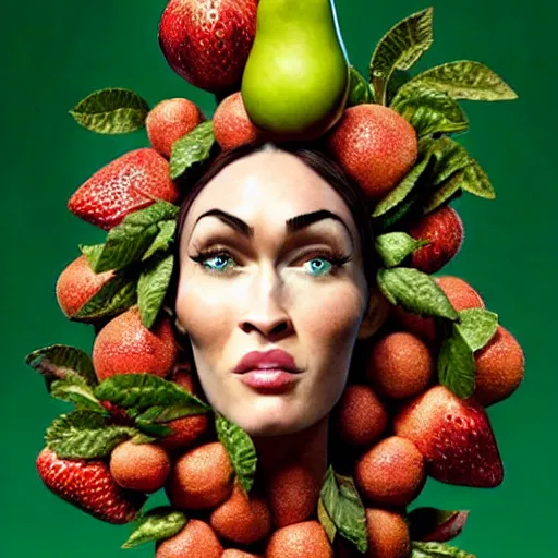 Prompt: megan fox vegan editorial by malczewski, character sculpture by arcimboldo, stil frame from'cloudy with a chance of meatballs 2'( 2 0 1 3 ) of fruit dryad, fruit hybrid megan fox editorial by alexander mcqueen and arcimboldo