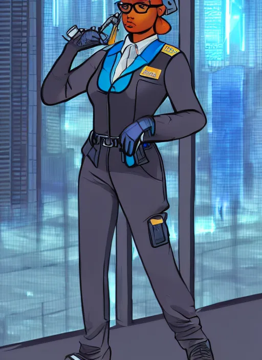 Image similar to A beautiful portrait commission of a female furry anthropomorphic anthro avian blue bird wearing a security guard uniform with a bullet proof vest. Cyberpunk city