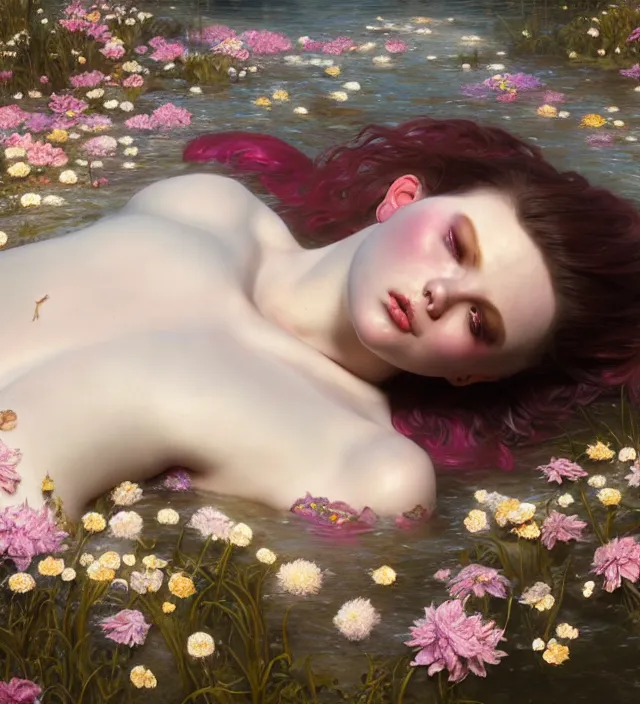 Prompt: baroque portrait of a icelandic princess of porceline skin lying down in a river made of thousand of flowers, cinematic lighting, photorealistic, octane render, 8 k, depth of field, art by artgerm and greg rutkowski and alphonse mucha and uang guangjian