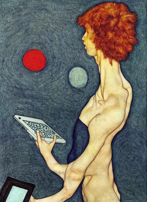 Prompt: creative coder with a computer in geometric harmony, by egon schiele and quint buchholz, portrait, colorful, escher, detail