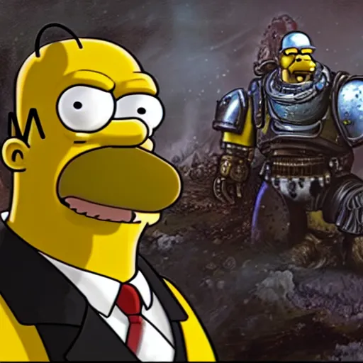 Image similar to Portrait of Homer Simpson as the emperor of humanity from warhammer 40k in Gears of War, splash art, movie still, cinematic lighting, dramatic, octane render, long lens, shallow depth of field, bokeh, anamorphic lens flare, 8k, hyper detailed, 35mm film grain