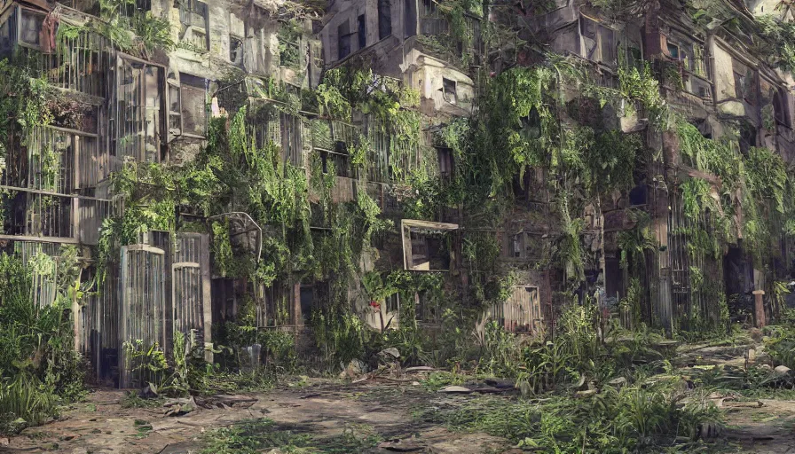 Image similar to Abandoned Building Overgrown by beautiful plants, Dystopian Slum, Hyperrealism, Hyperdetailed, Intricate Details, Anamorphic Lens, Cinematic Lighting, Volumetric Lights, Raytracing Reflections, Unreal Engine 5