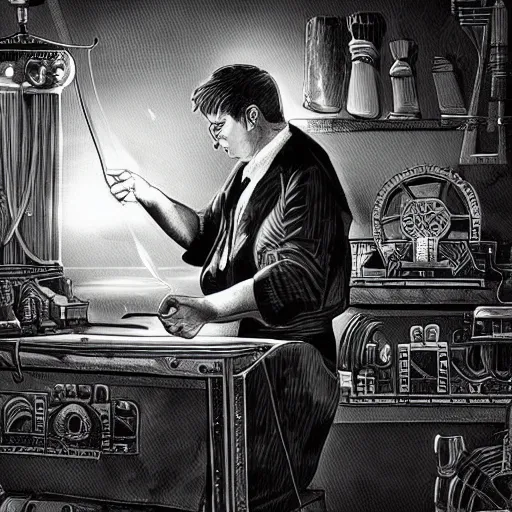 Prompt: a portrait of a magician working on ancient machines to do magic