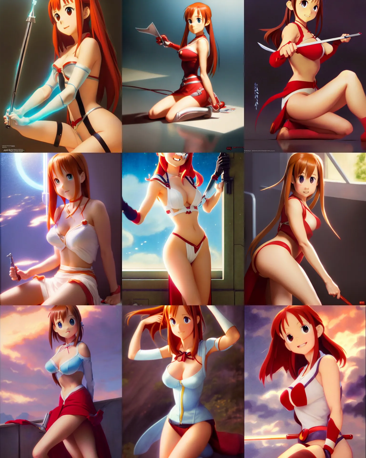 Prompt: pixar movie still pinup photo of asuna from sao play with herself, asuna by a - 1 pictures, by greg rutkowski, gil elvgren, enoch bolles, glossy skin, pearlescent, anime, maxim magazine, very coherent