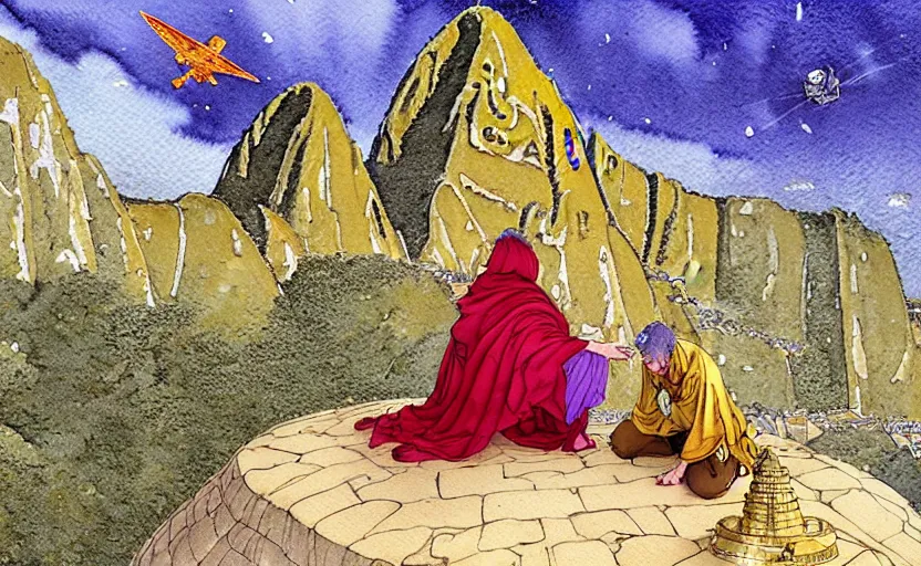 Image similar to a realistic and atmospheric watercolor fantasy concept art of a golden ufo landing on top of machu pichu. in the foreground a female medieval monk in grey robes is kneeling with her hands by her sides. by rebecca guay, michael kaluta, charles vess and jean moebius giraud