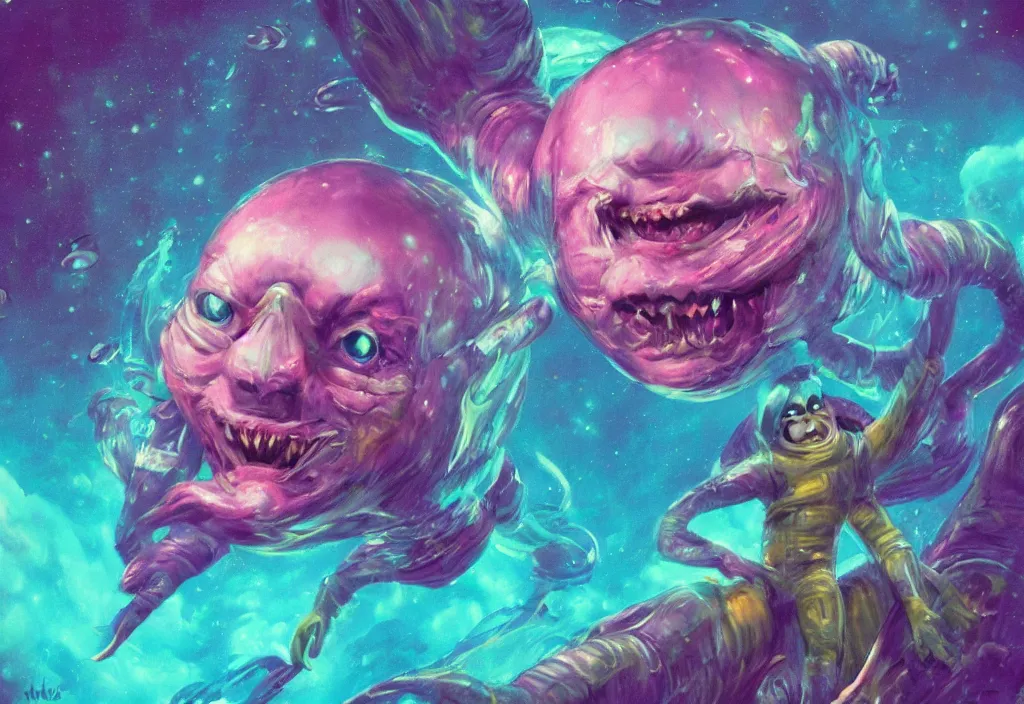 Prompt: smiling astronaut god demon monster underwater, pastel, colorful, fantasy, trending on artstation, digital art.
