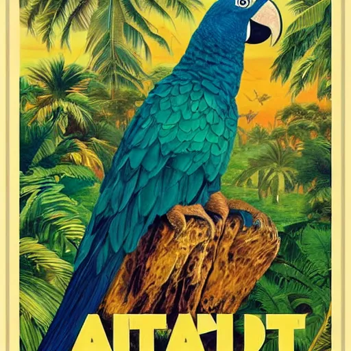 Image similar to vintage travel poster for tropical location, giant parrot, artstation,