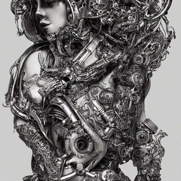 Image similar to ultra realistic illustration of a retro futuristic female cyborg punk art nouveau filgree scrollwork, masterpiece, intricate, highly detailed, sharp