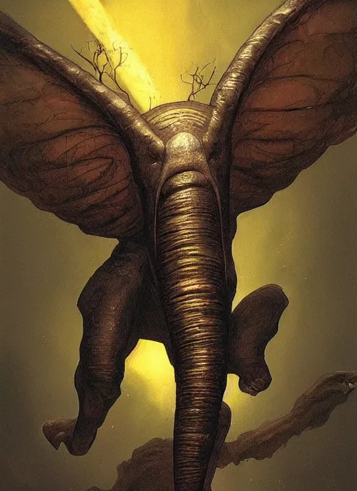 Image similar to flying humanoid fly with very long proboscis, against dark background, fluid, smooth, organic, crazy, high contrast, sharpness, dramatic, by greg rutkowski and siudmak and richard corben and moebius