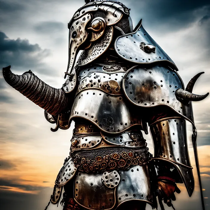 Image similar to photo of a warrior with metal elephant themed armour, highly detailed, 4 k, hdr, smooth, sharp focus, high resolution, award - winning photo