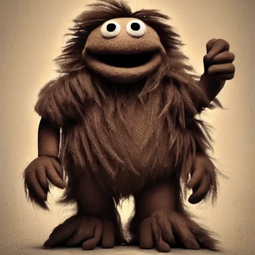 Image similar to a still of a forgotten muppet character looking very manly and modern, hilarious, laughing, hairy chest, huge chin, manly monster tough guy, roughled fur, photo real, photographic, photograph, artstation, trending, featured