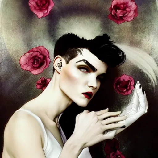 Prompt: beautiful portrait of androgynous ruby rose as desire from sandman in a white tuxedo!!!, rockabilly style,, by alphonse mucha, by peter lindbergh, cedric peyravernay, by jeremy mann, by frank moth, white suit and black tie, soft lightning, high detailed, 8 k