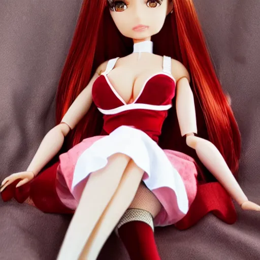 Image similar to anime barbie doll, in red velvet stockings, a nurse's dress, full length, heels on her feet