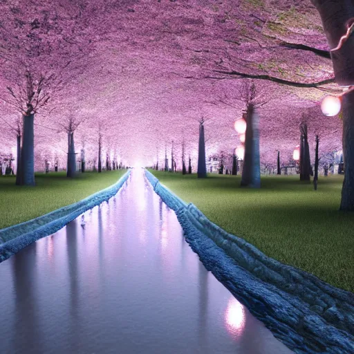 Image similar to photorealistic beautiful cherry blossom forest with paper lanterns illuminating the stone pathway. hyperdetailed photorealism, 1 0 8 megapixels, river, amazing depth, glowing rich colors, powerful imagery, psychedelic overtones, 3 d finalrender, 3 d shading, cinematic lighting, artstation concept art