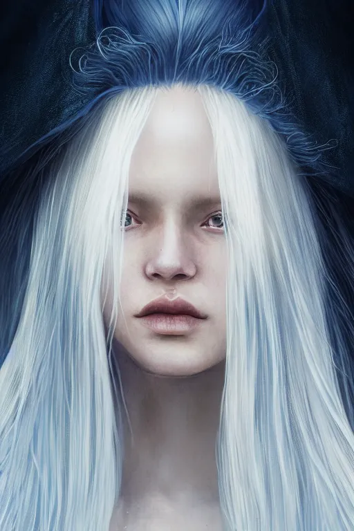 Image similar to a fancy portrait of a beautiful young woman with long white hair and blue eyes by greg rutkowski, sung choi, mitchell mohrhauser, maciej kuciara, johnson ting, maxim verehin, peter konig, bloodborne, 8 k photorealistic, cinematic lighting, hd, high details, dramatic, dark atmosphere, trending on artstation