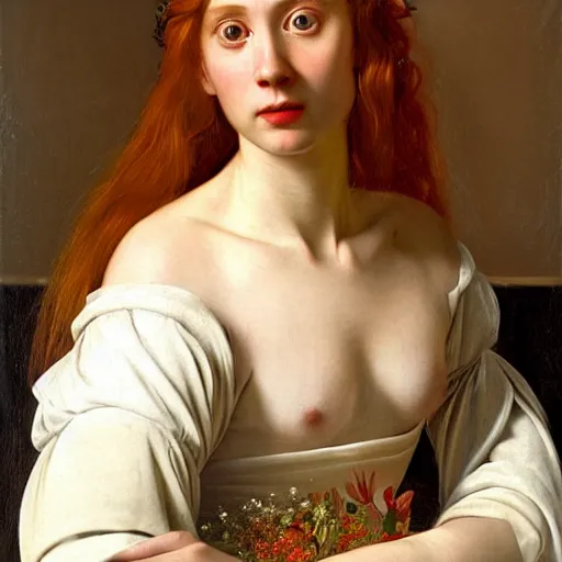 Prompt: a highly detailed, hyper realistic red haired young woman, white romantic dress with intricate details, among golden fireflies, long hair, green eyes, hint of freckles, round gentle face, cheeky smile, deep focus, elegant, smooth, sharp, golden ratio, digital painting, art by artemisia lomi gentileschi and caravaggio