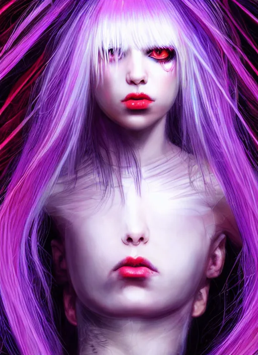 Image similar to hair whitebangs hair, black cyberlox, portrait of teenage girl with white bangs, whitebangsblackhair, messy bangs, cyberlox, whitebangs, red irises, purple clothes, intricate, elegant, glowing lights, highly detailed, digital painting, artstation, concept art, sharp focus, illustration, art by wlop, mars ravelo and greg rutkowski