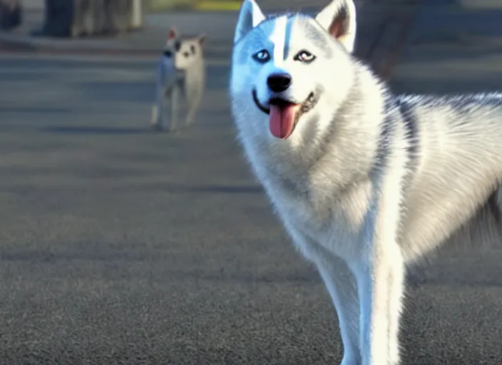 Image similar to film still of an anthropomorphic standing upright man dog white vested husky!!!!!! in a white vest wearing a white vest!!!!! in the new sci - fi movie, 8 k