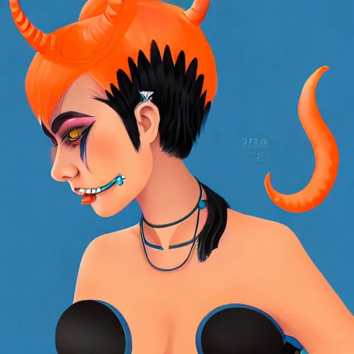 Prompt: illustrated portrait of ram-horned devil woman with blue bob hairstyle and her tangerine colored skin and with solid black eyes wearing leather by rossdraws